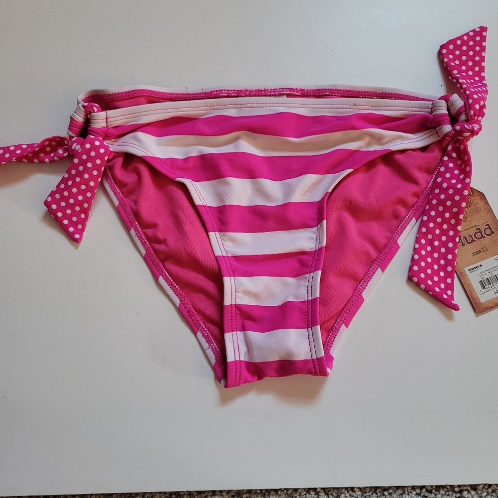 *sale* NWT Mudd Small Bikini Bottom Dark Pink Stripe and Polka Dot Side Ties